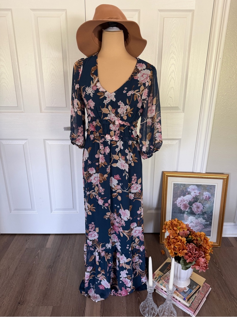 Navy Floral V-Neck Maxi Dress with Puff Sleeves